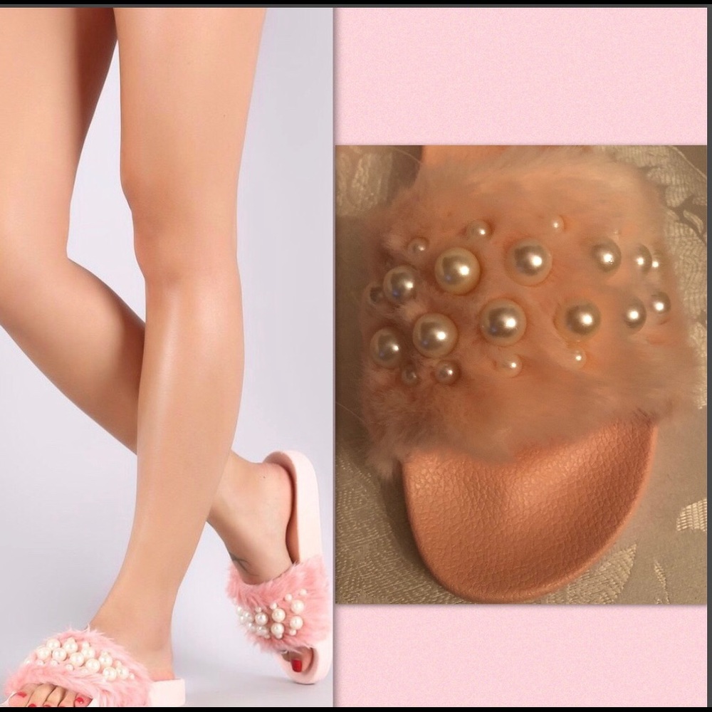 PEARL FURRY PINK EMBELLISHED SLIDE - Picture 2 of 5